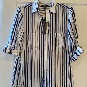 White/Navy Striped button down blouse—Never Worn